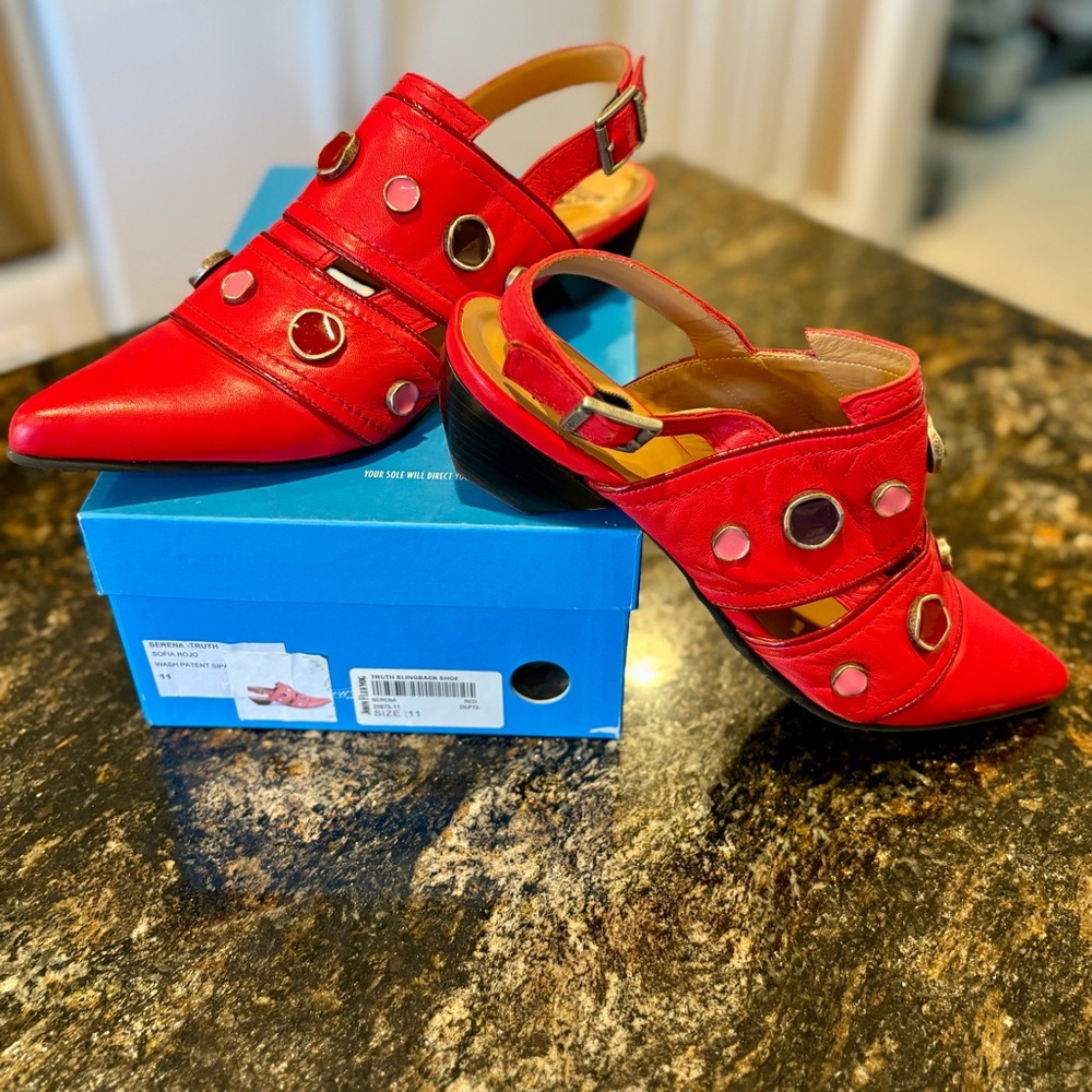 John Fluevog Red Slingback Heels with Gold Accents “Serena”